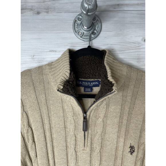 US Polo Assn Sweater Mens Large Beige Half Zip Cable Knit Pullover Sherpa Neck - Picture 2 of 10